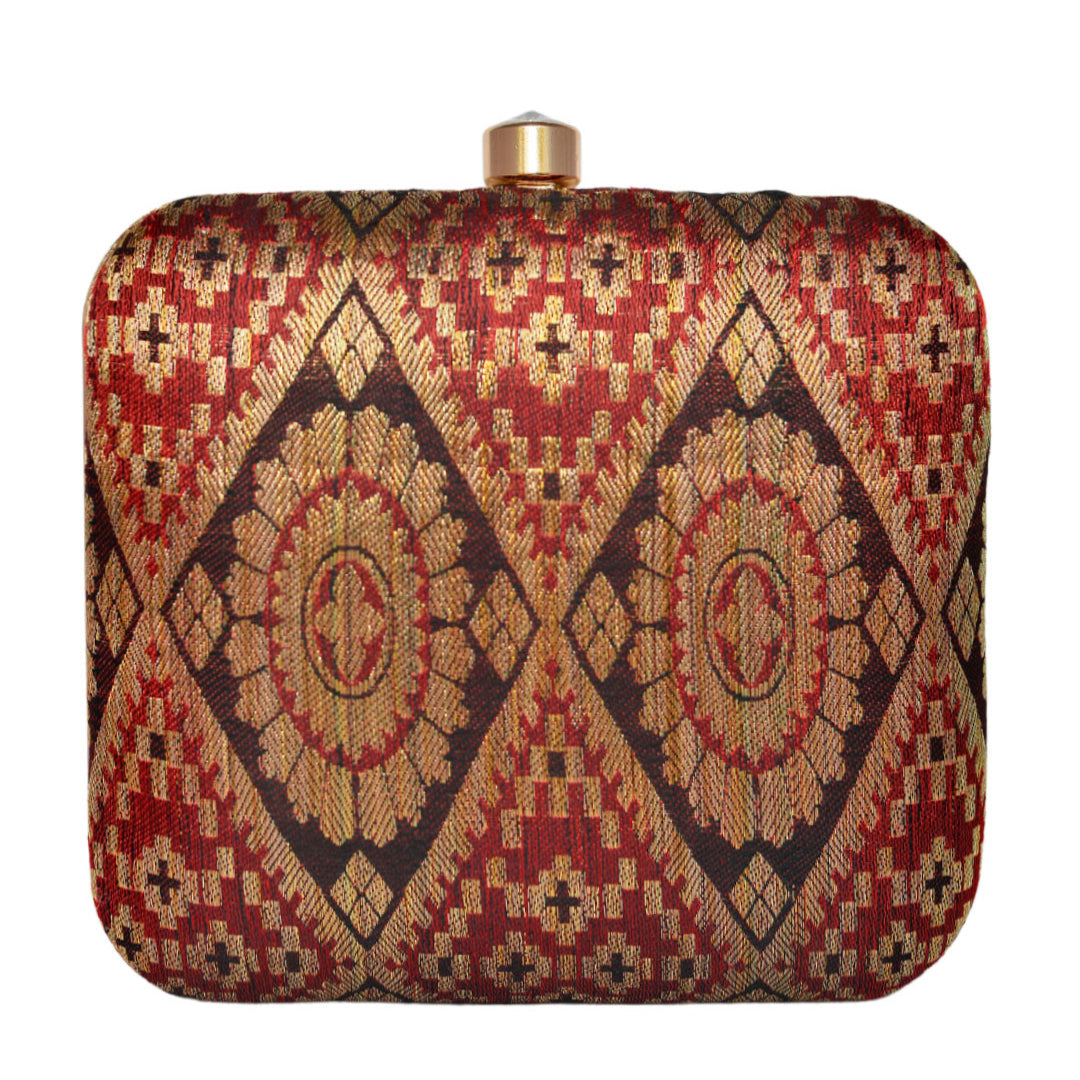 Mahroon-Brown Brocade Fabric Clutch