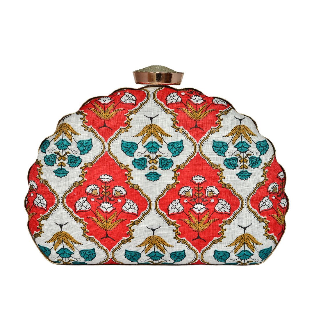White-Red Embroidered Moon Clutch