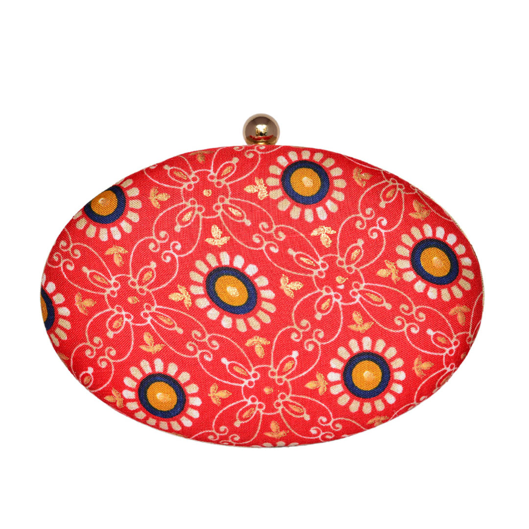 Red Printed Oval Clutch