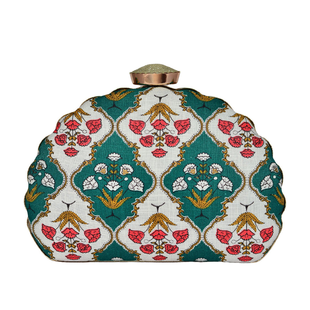 Green-White Floral Embroidered Moon Clutch