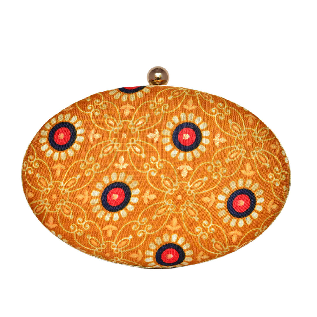 Gold Yellow Printed Oval Clutch