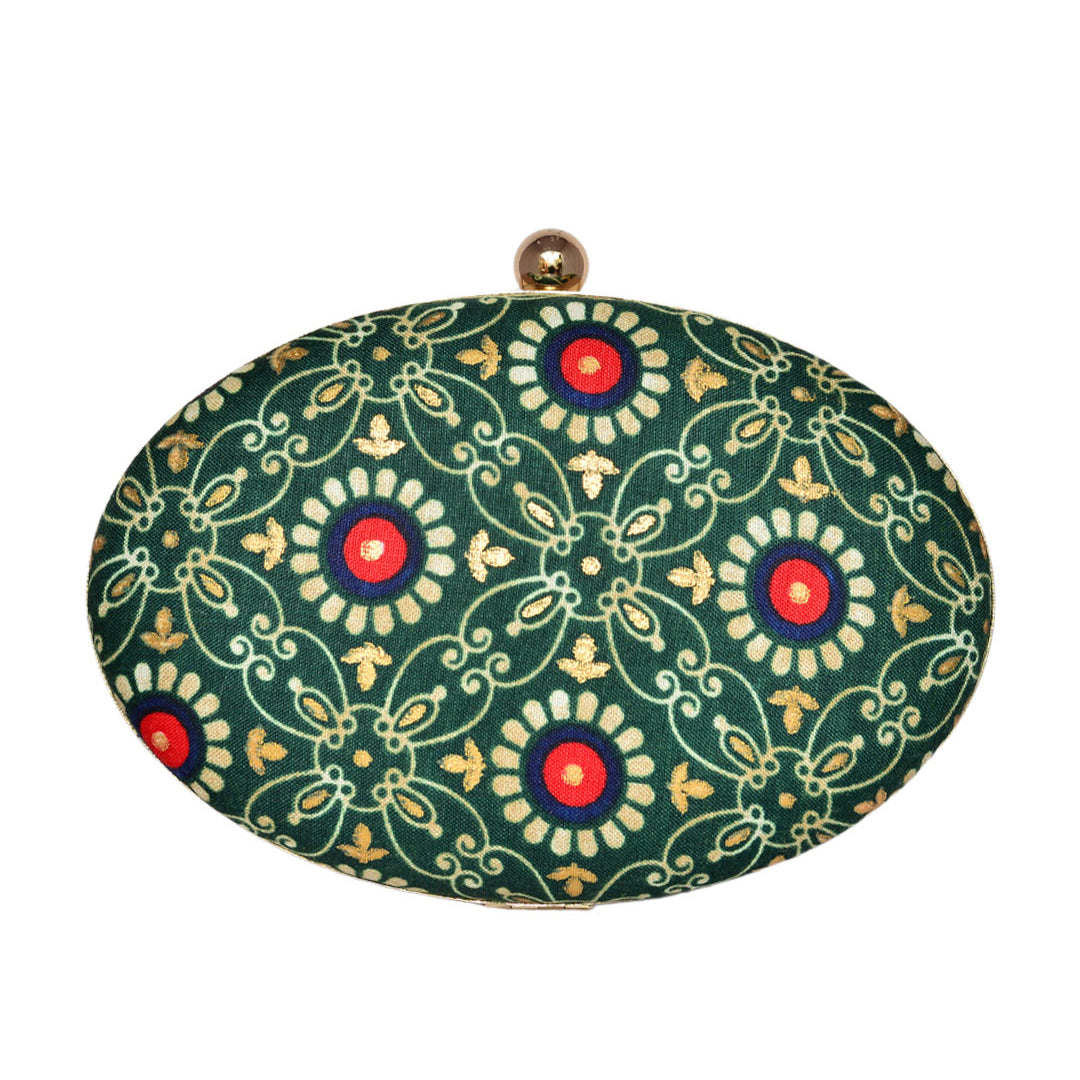 Green Printed Oval Clutch