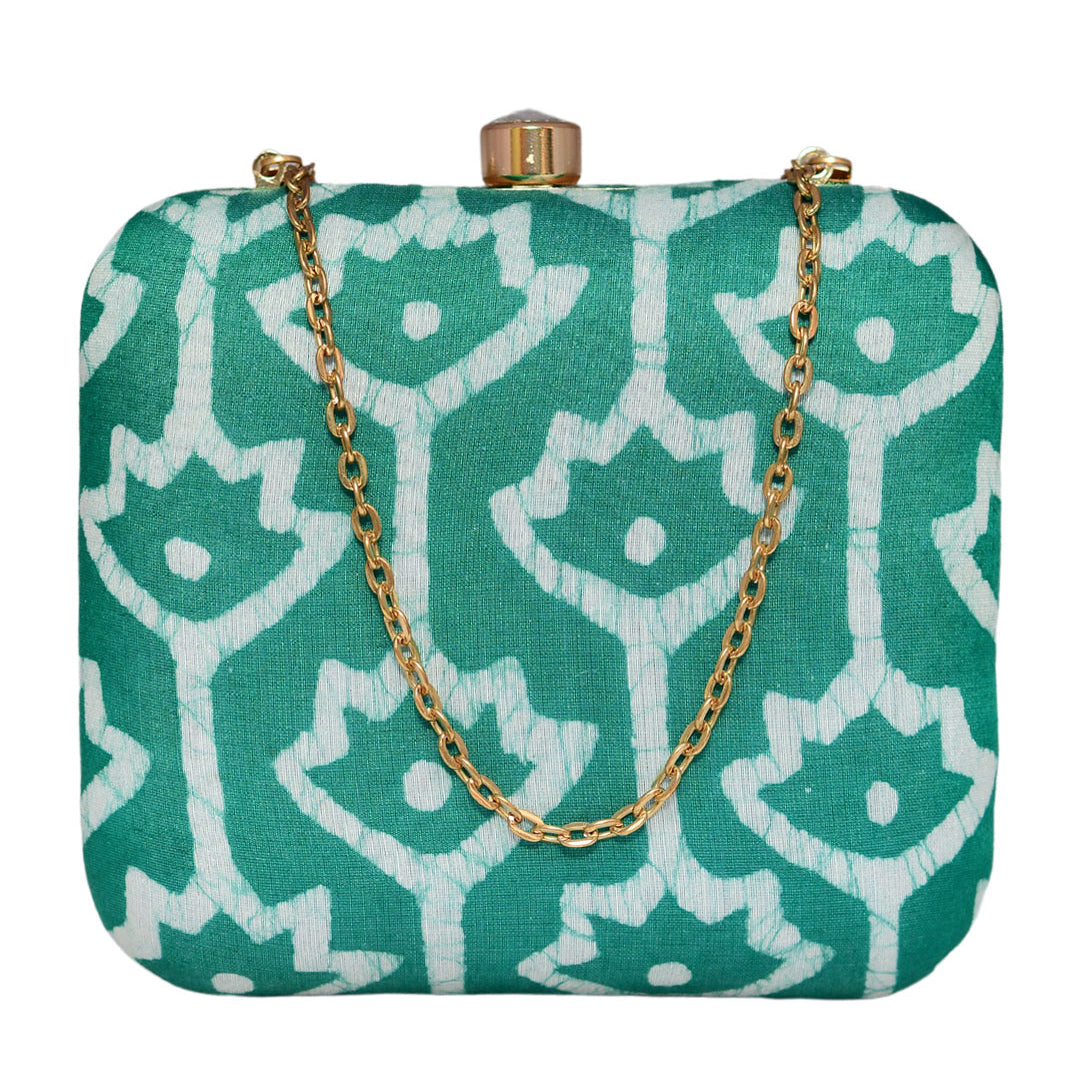 Sea Green Fabric Printed Clutch