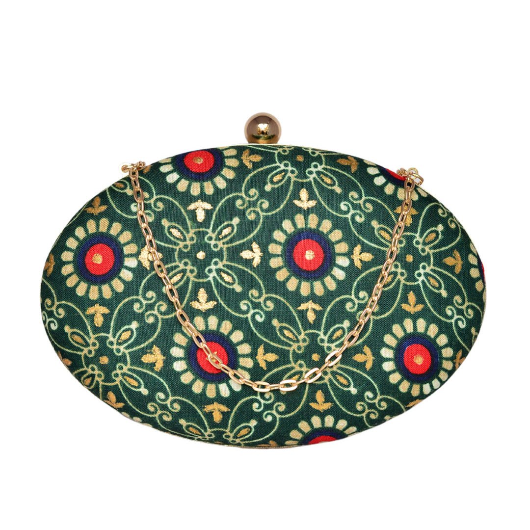 Green Printed Oval Clutch