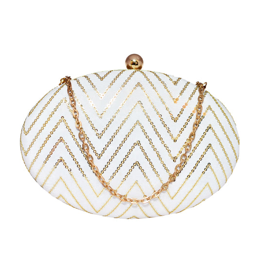 White Embroidered Oval Clutch