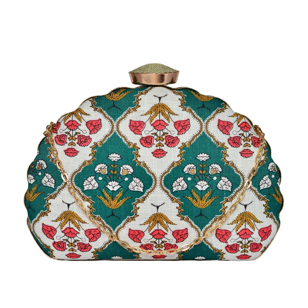 Green-White Floral Embroidered Moon Clutch