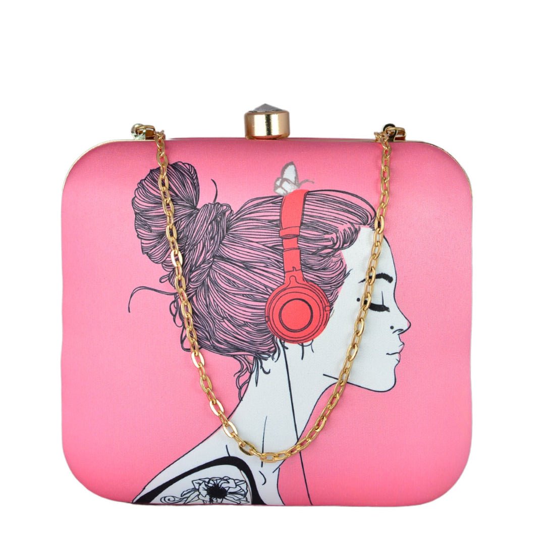 Pink Woman Portrait Printed Clutch