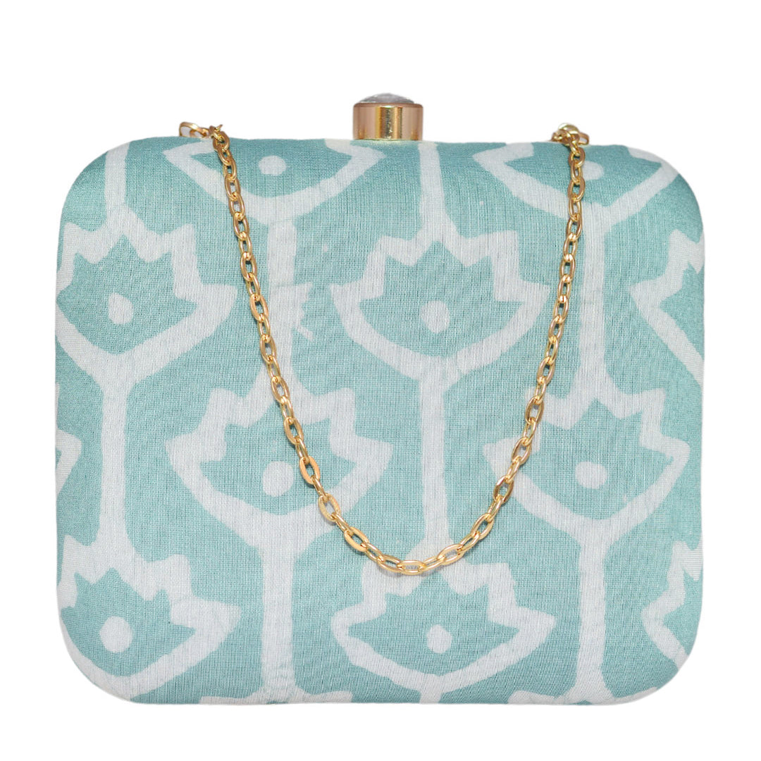 Teal Blue Fabric Printed Clutch