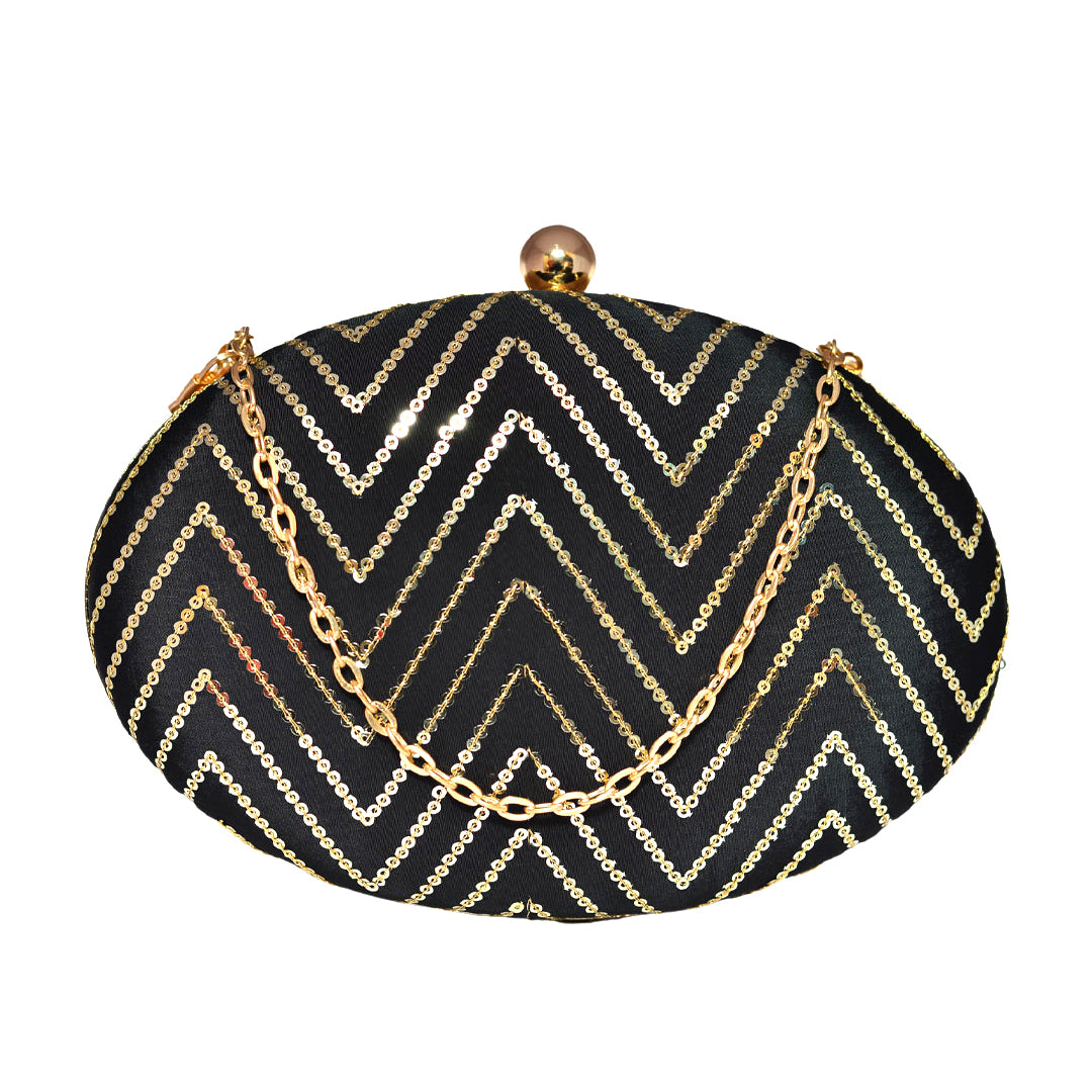 Black Embroidered Oval Clutch