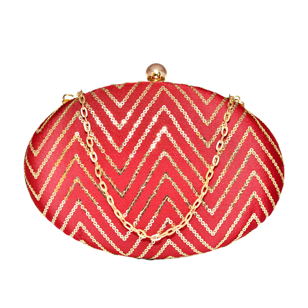 Red Embroidered Oval Clutch