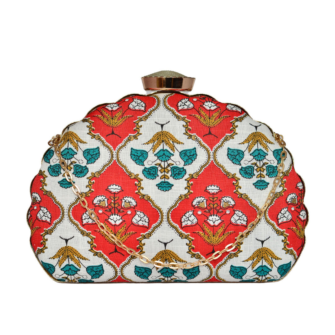 White-Red Embroidered Moon Clutch