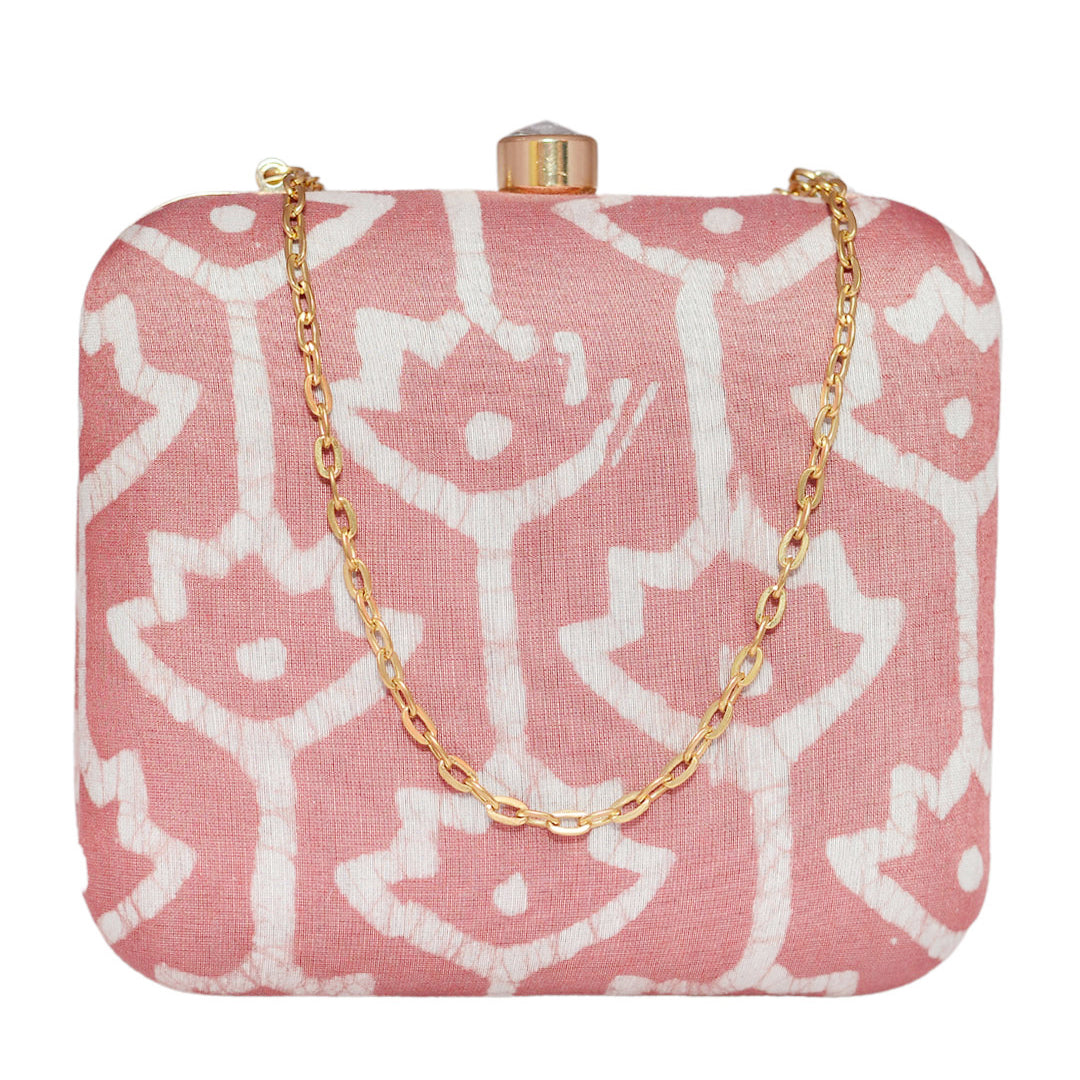 Salmon Pink Fabric Printed Clutch