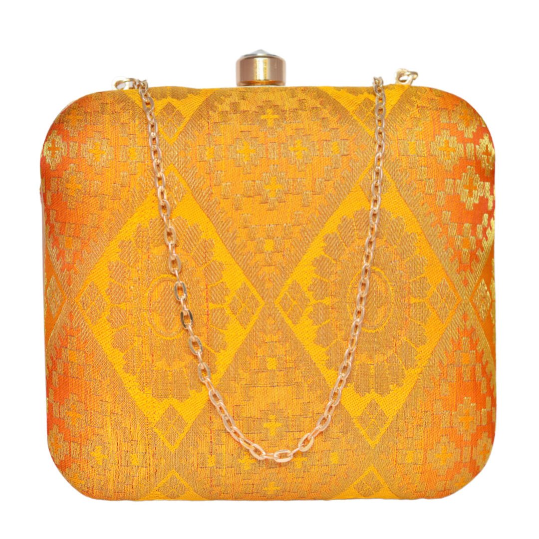 Yellow-Orange Brocade  Fabric Clutch