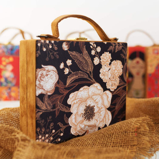 Artklim Black Floral Print Suitcase Style Clutch Bag
