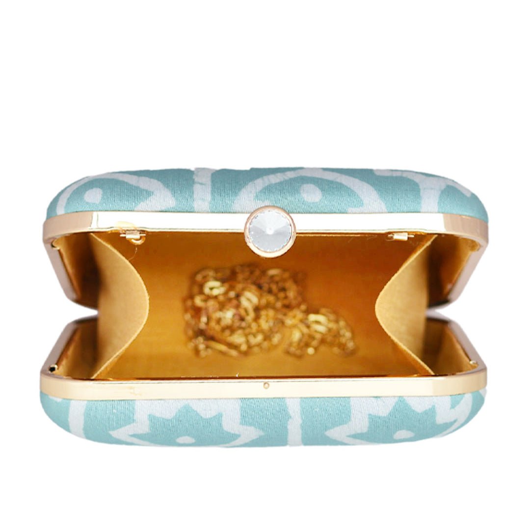 Teal Blue Fabric Printed Clutch