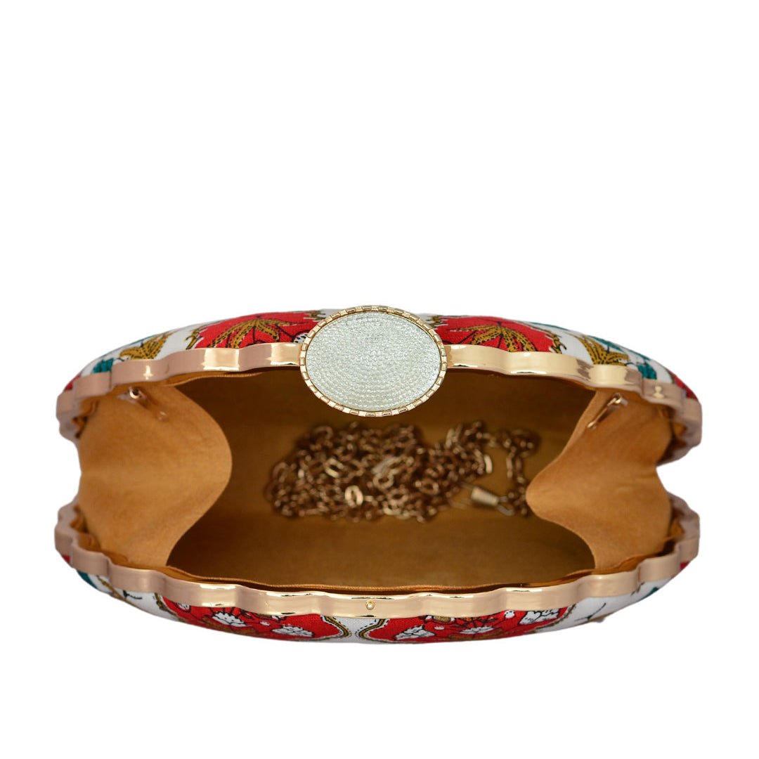 White-Red Embroidered Moon Clutch