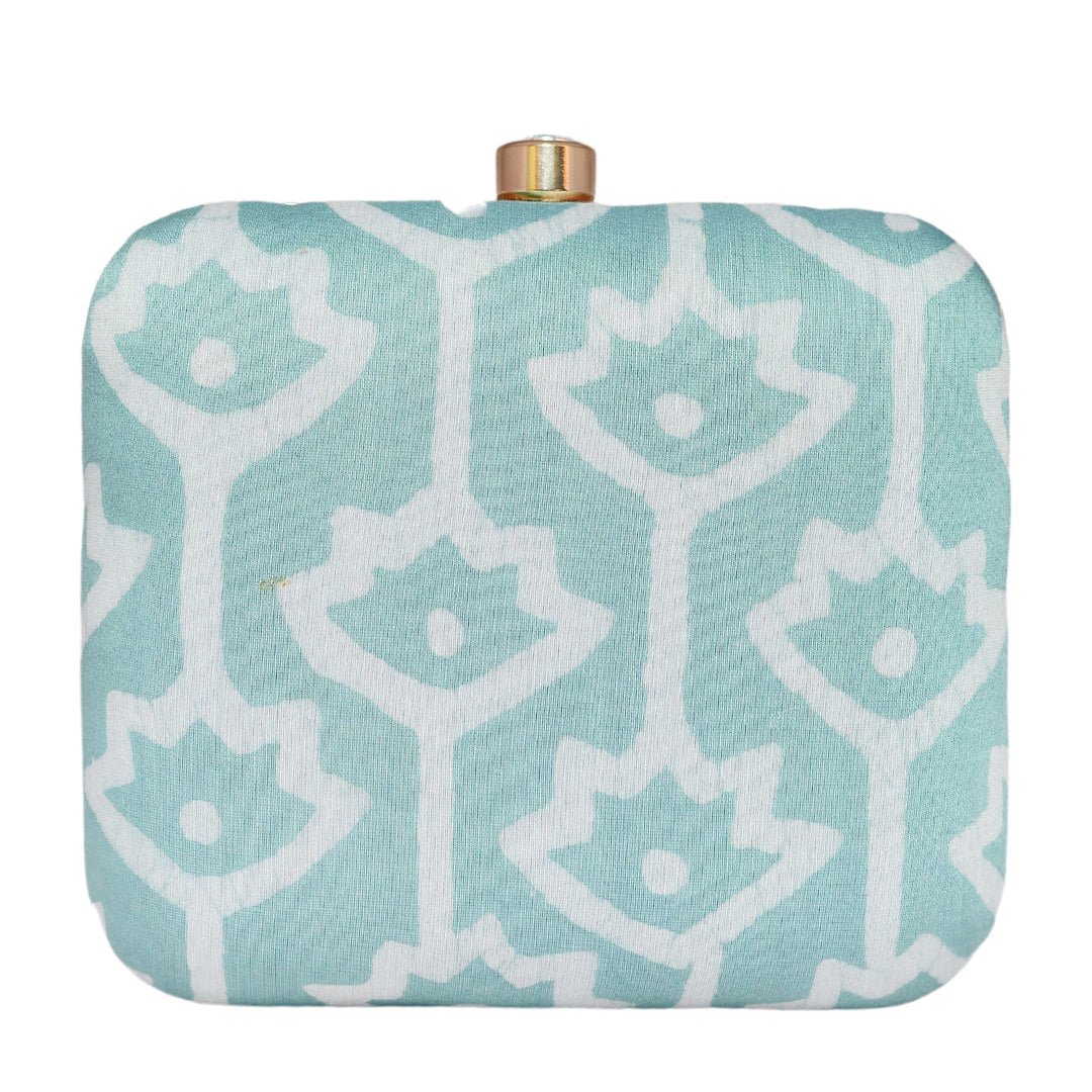Teal Blue Fabric Printed Clutch