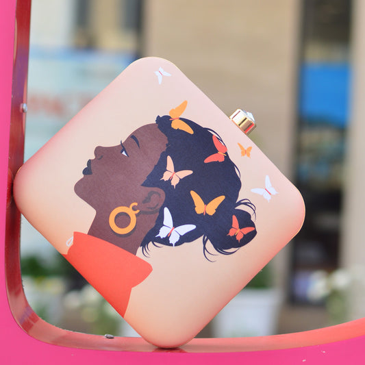 Beautifull Brown Girl with Pastel Butterfly Printed Clutch