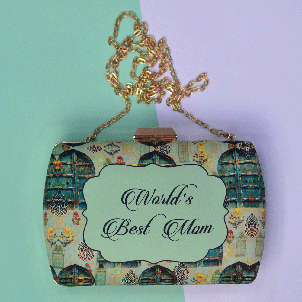 Customised Mother's Day Green Printed Clutch