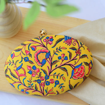 Yellow Printed Oval Clutch