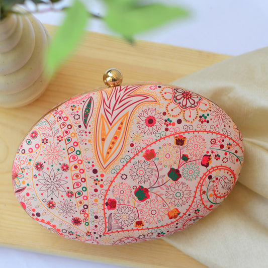 Pink Printed Oval Clutch