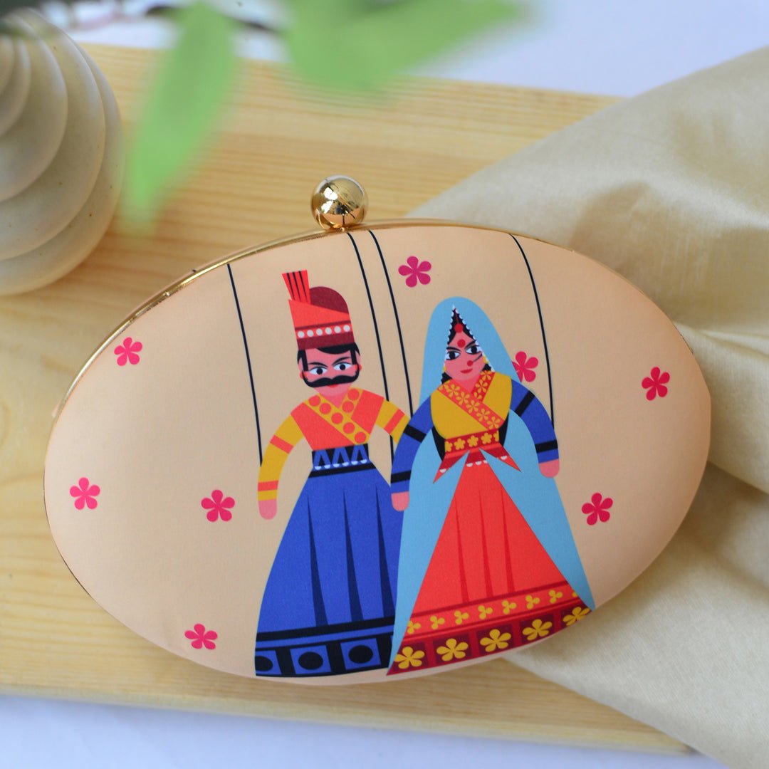 Indian Puppet Printed Oval Clutch