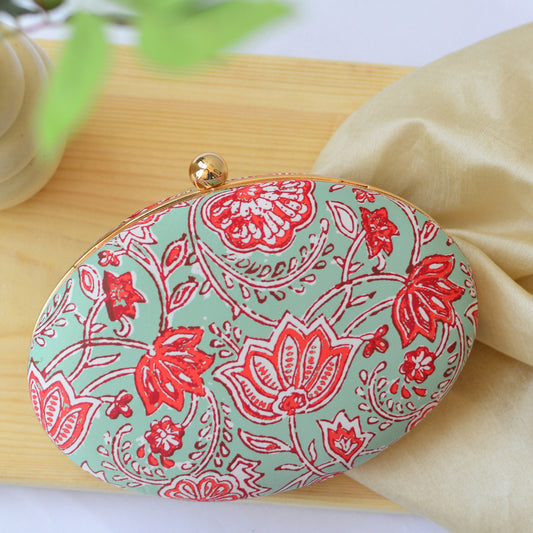 Red Floral Printed Oval Clutch