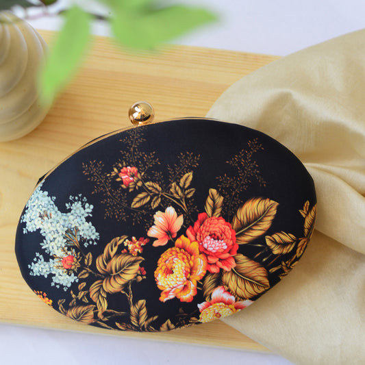 Yellow And Red Floral Printed Oval Clutch