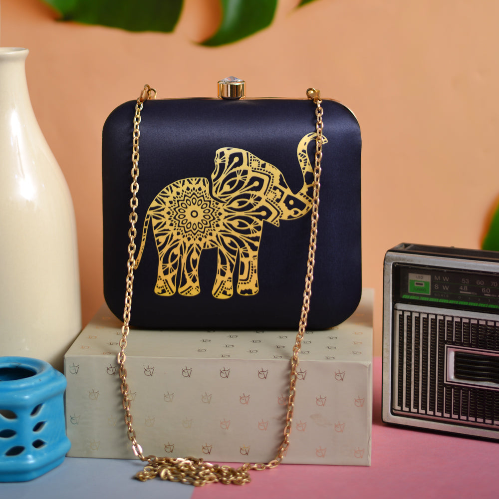 Artklim Black Mandala Elephant Printed Clutch Bag