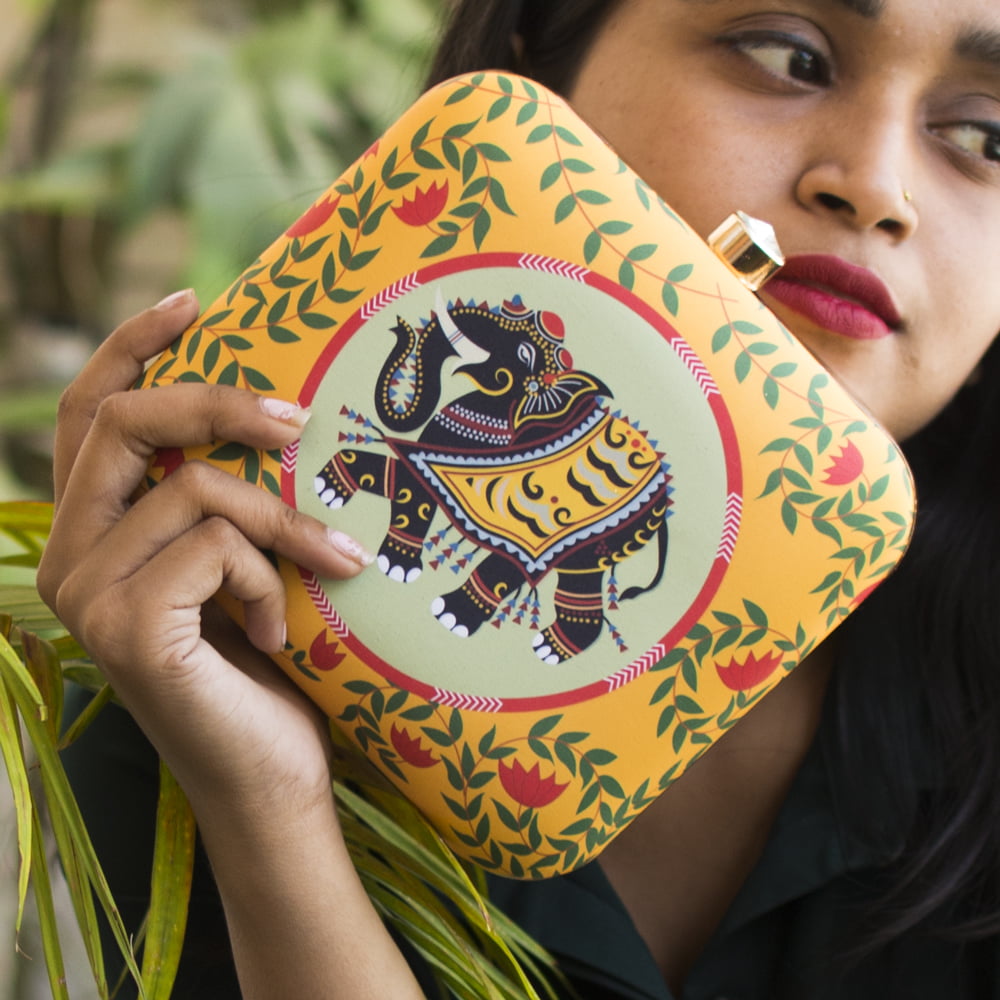 Artklim Madhubani Elephant & Lotus Printed Clutch