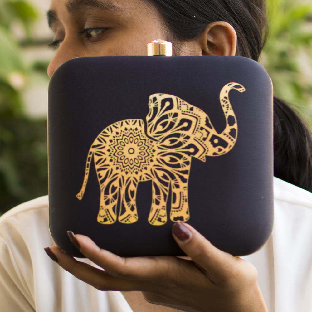 Artklim Black Mandala Elephant Printed Clutch Bag