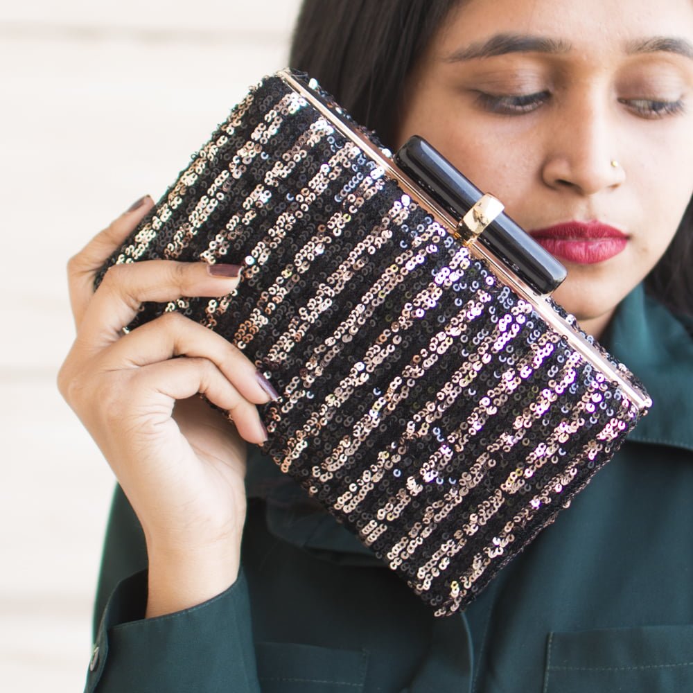 Artklim Black & Rose Gold Sequins Stripes Party Clutch