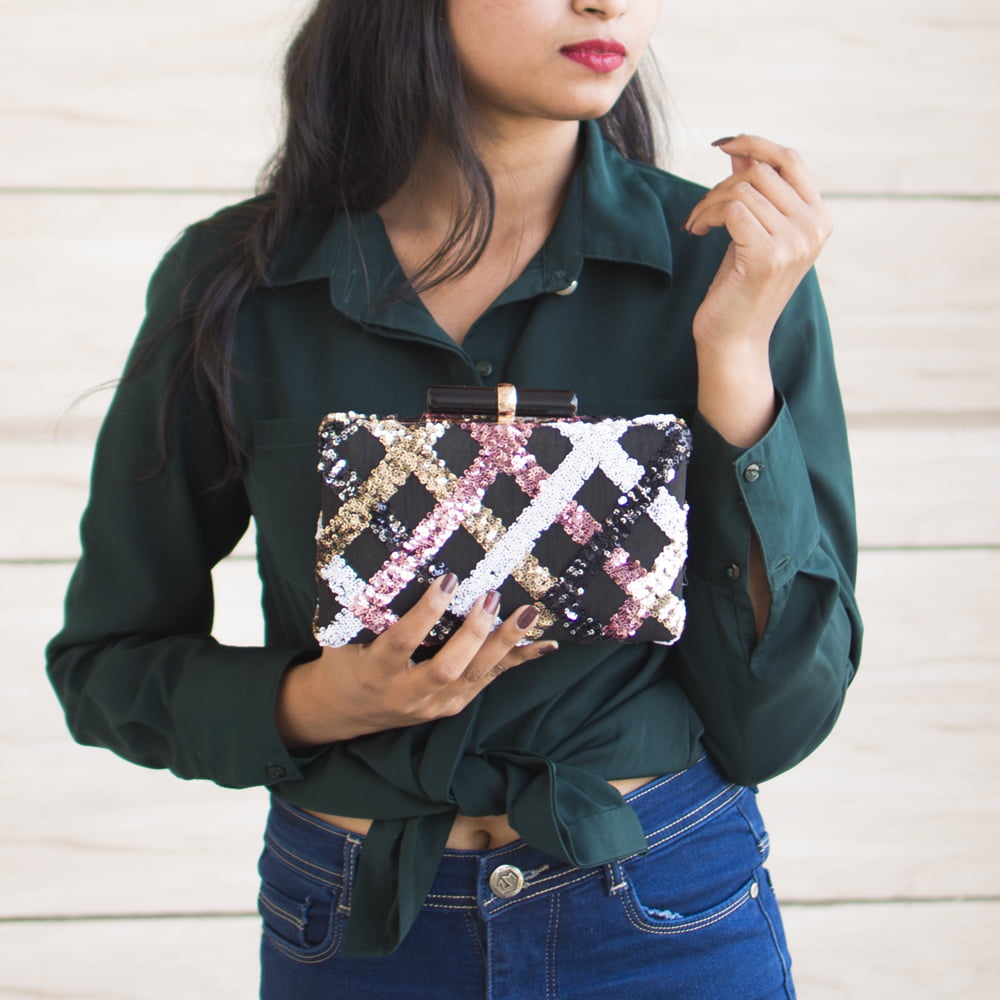 Artklim Coloured Cross Sequins Party Clutch