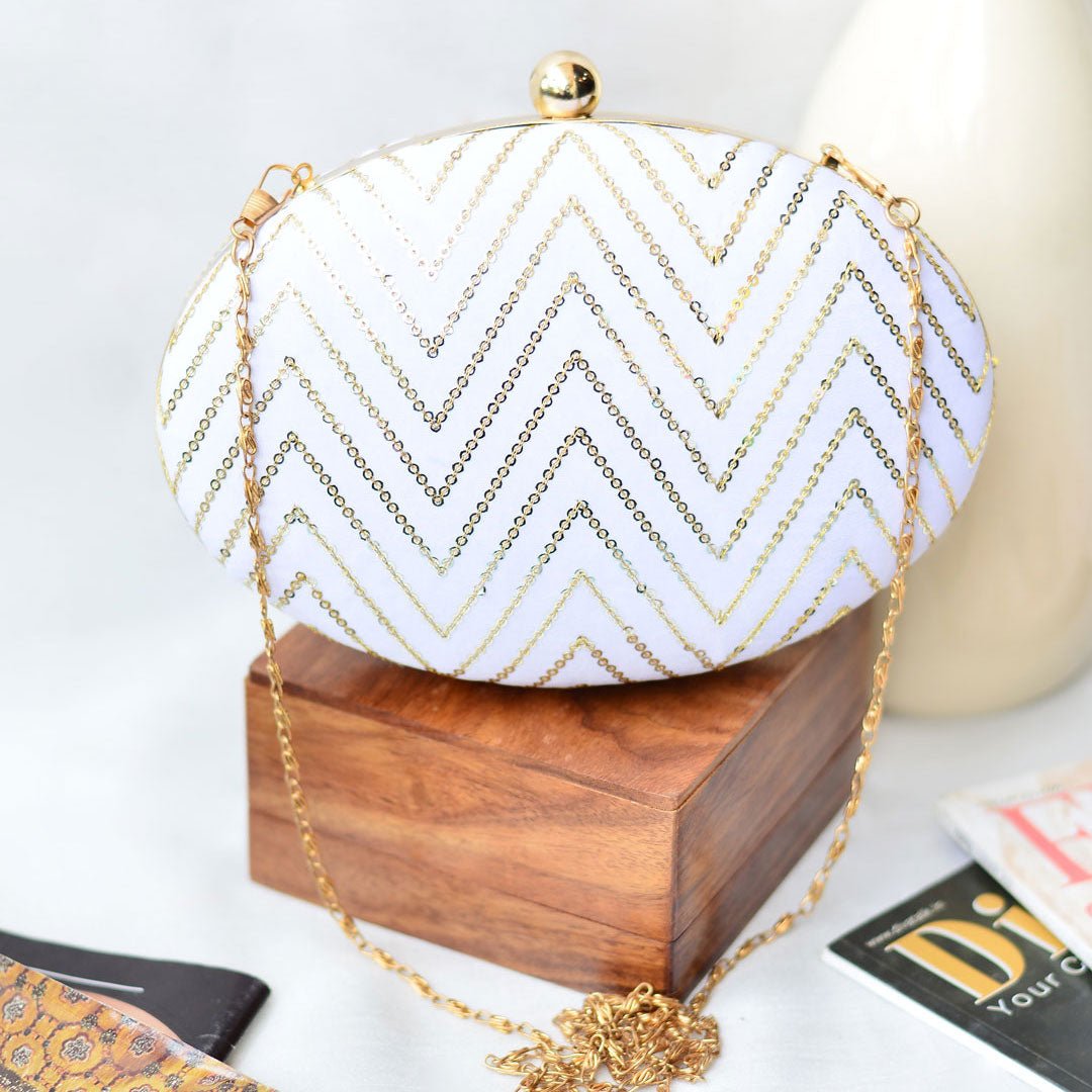 White Embroidered Oval Clutch