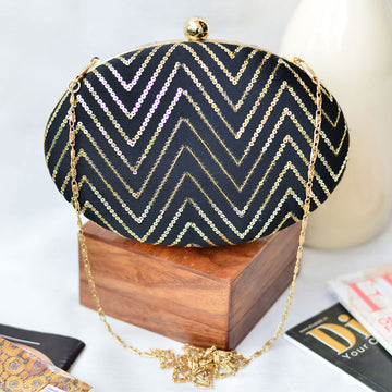 Black Embroidered Oval Clutch