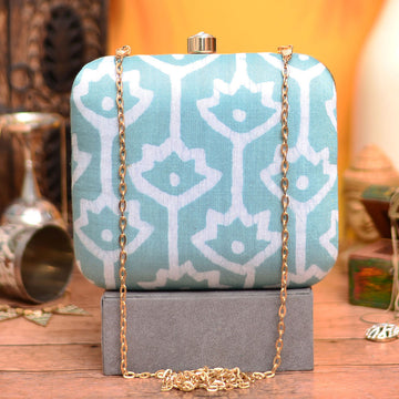 Teal Blue Fabric Printed Clutch