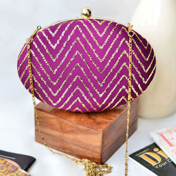 Purple Embroidered Oval Clutch