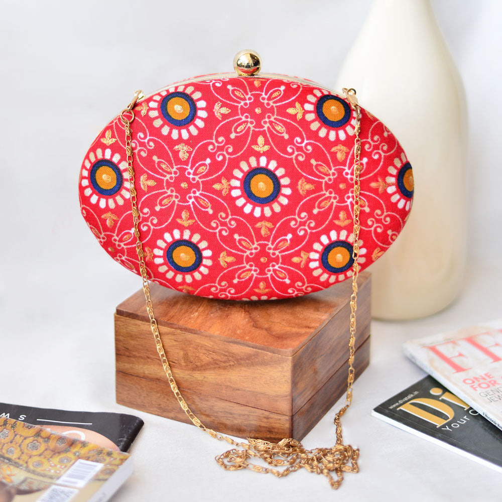 Red Printed Oval Clutch