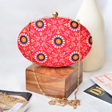 Red Printed Oval Clutch