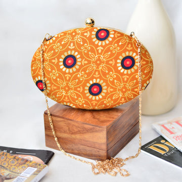 Gold Yellow Printed Oval Clutch