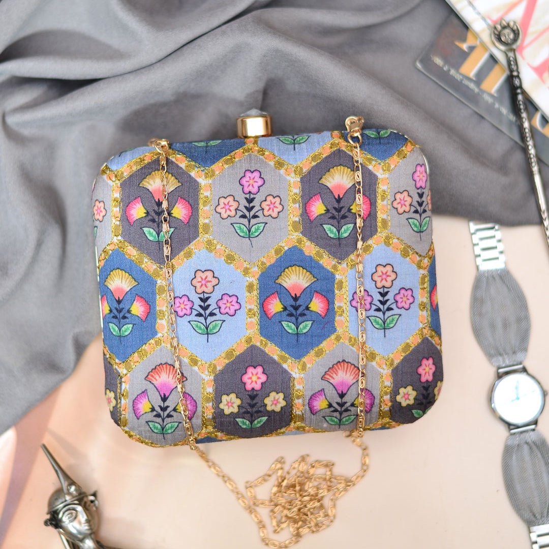 Grey-Blue Floral Clutch