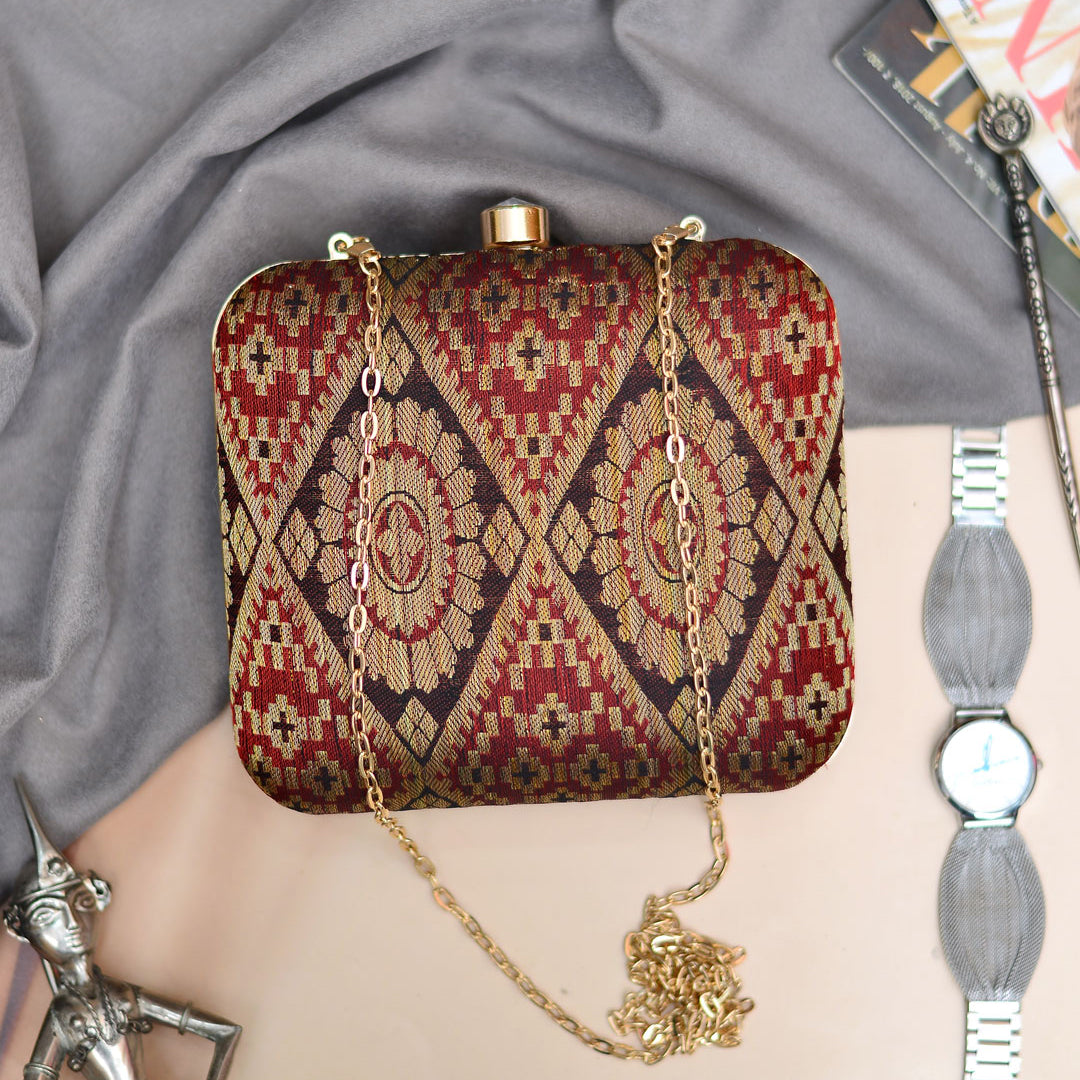 Mahroon-Brown Brocade Fabric Clutch