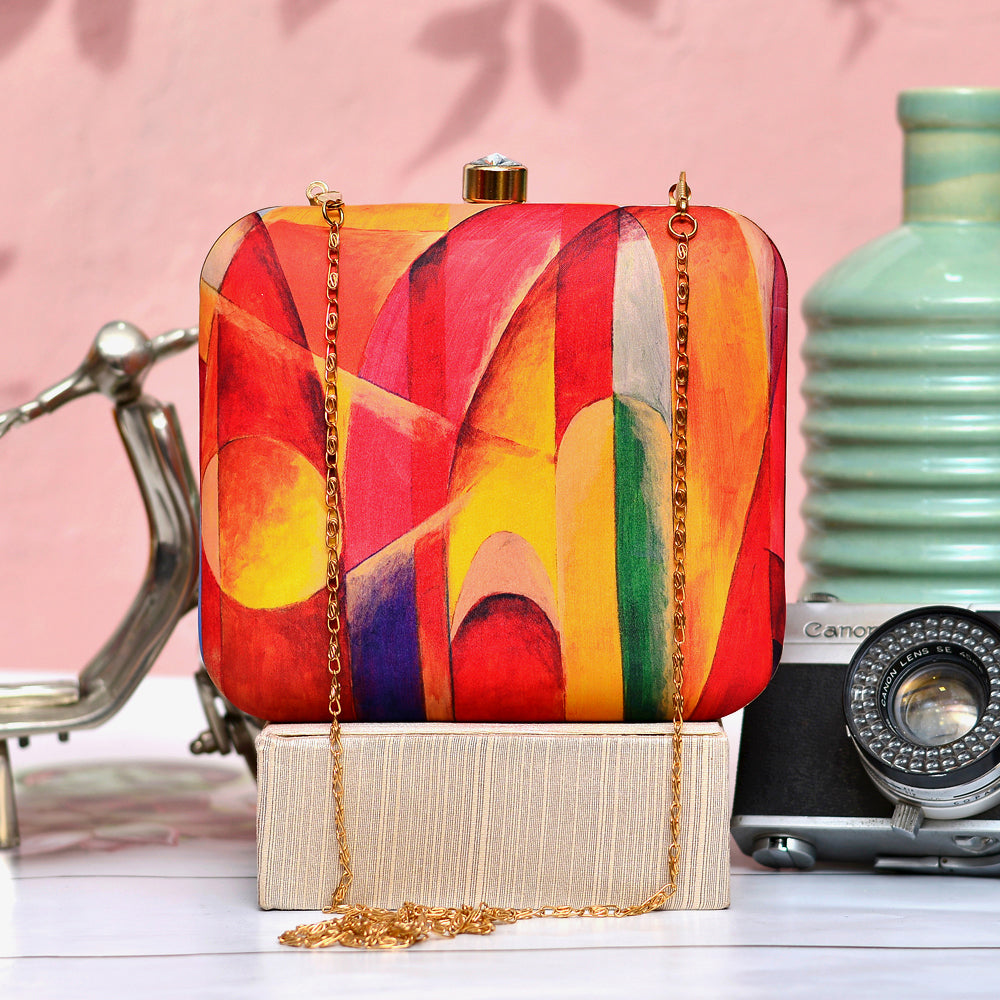 Orange-Yellow Pattern Printed Clutch