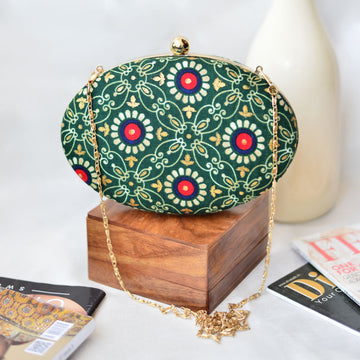 Green Printed Oval Clutch