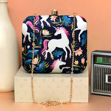 Unicorn Printed Black Clutch