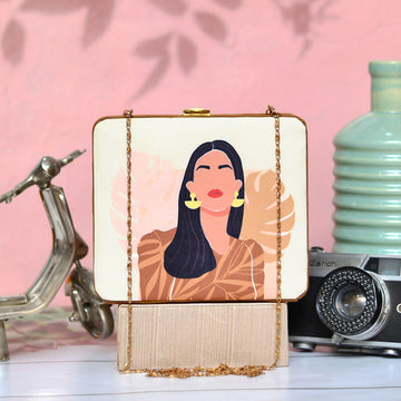 Brown Woman Printed MDF Clutch