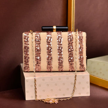 Beige Golden Line Sequins Clutch