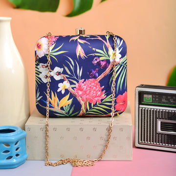 Dark Blue Floral Printed Clutch