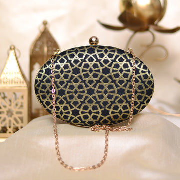 Artklim Elegant Black Golden Oval Clutch