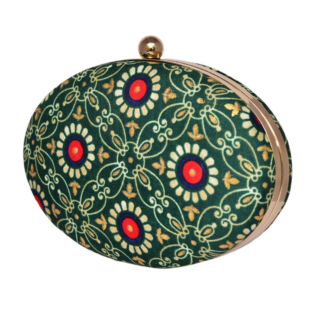 Green Printed Oval Clutch